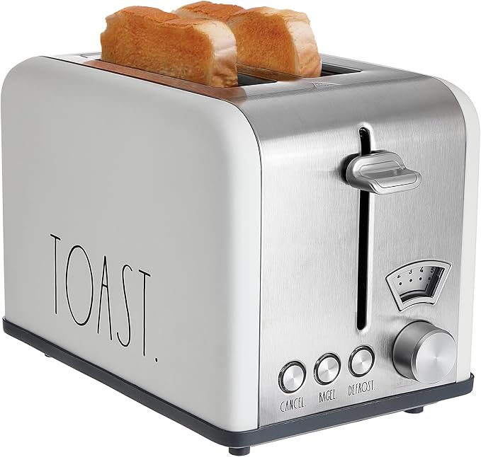 Rae Dunn Toaster, Stainless Steel 2 Slice Square Toaster, Wide Slot with 5 Browning Levels, with Bagel, Defrost and Cancel Options (Cream)
