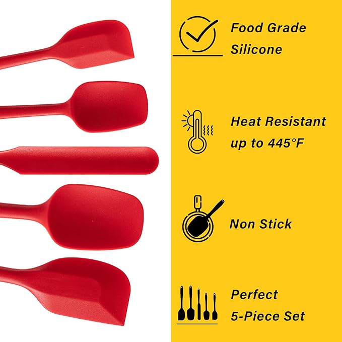 Silicone Spatula Set,5 Piece Food Grade Rubber Spatulas,RED | Spatulas Silicone Heat Resistant for Baking,Cooking,and Mixing High Heat Resistant Non Stick Dishwasher Safe BPA-Free