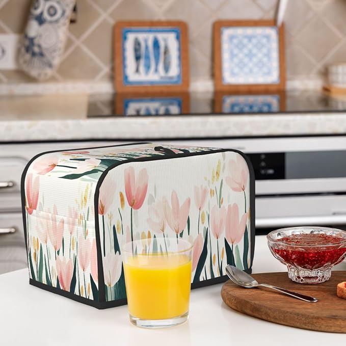 2 Slice Toaster Cover Tulip Flower Watercolor Dust Proof Washable Kitchen Appliance Cover with Pocket, Oxford Fabric Countertop Toaster Protector for Standard Toasters Small Appliances