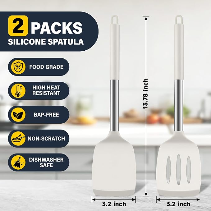 2 Pack Silicone Spatula Set, Solid & Slotted Turner for Non-Stick Pans, High Heat Resistant Silicone Spatula for Cooking, BPA-Free Stainless Steel Cooking Utensils for Fish, Eggs, Pancakes, Beige