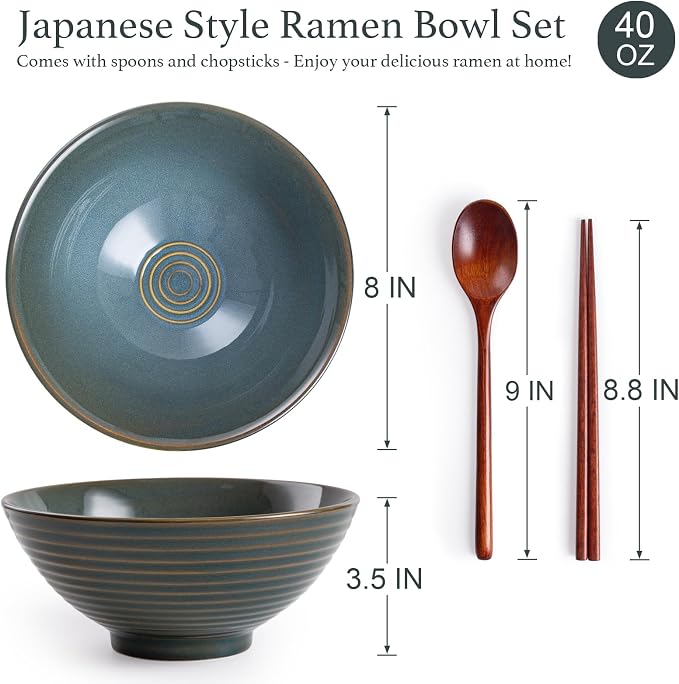 Ceramic Japanese Ramen Bowl Set, 2 Sets Asian Pho Udon Soup Noodle Bowls with Spoons and Chopsticks (Olive Green, 8 inches)