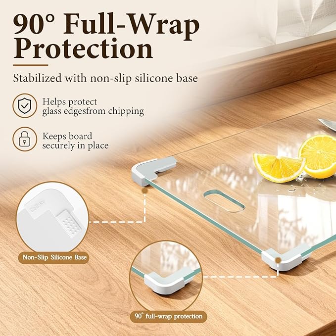 16x12 Clear Tempered Glass Cutting Board for Kitchen, Dishwasher Safe | Non-Slip Corner Guards, Shatter-Resistant, Scratch-Resistant, Food-Safe & Non-Toxic Large Chopping Board