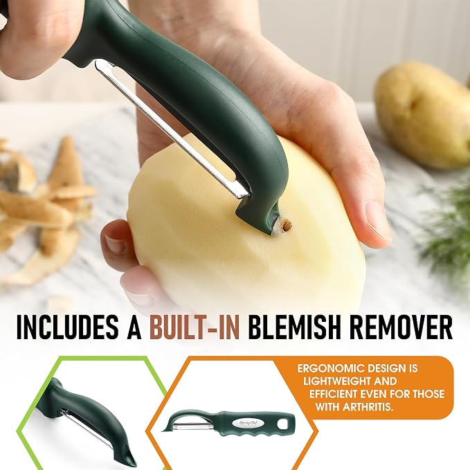 Spring Chef Potato Peeler for Kitchen with Soft Grip Handle, Pine Green | Premium Vegetable Peeler w/ Sharp Stainless Steel Blades, Multifunctional Food Peeler for Apple, Carrot, Cucumber, Fruit
