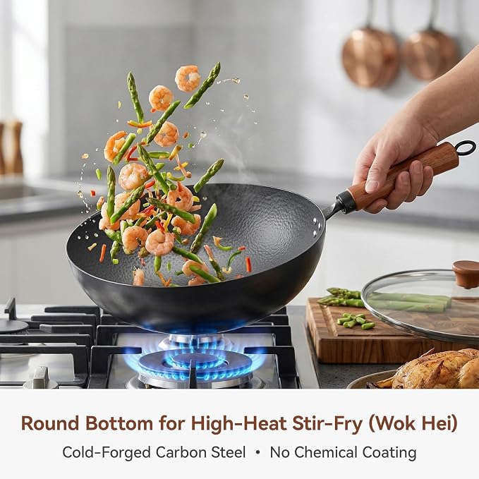 WANGYUANJI 11 Inch Round Bottom Iron Wok, Hand-Hammered Uncoated Wok with Wooden Handle, Traditional Stir-Fry Pan for Gas Stove or Wok Ring, Not for Flat Cooktops
