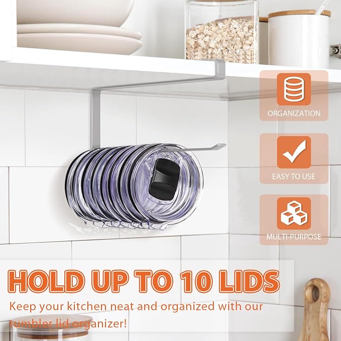 Tumbler Lid Organizer, Versatile Tumbler Lid Storage Holds 10 Lids, Grey | Space Saving Cup Lid Organizers Inside Cabinet Tumbler Lid Hook for Kitchen Organizer and Storage, Paper Towel Rack Hanger