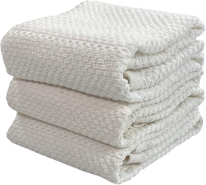 White Kitchen Hand Dish Towels, Set of 3, 100% Cotton, 18" x 28" | Terry Loop Textured, Soft & Absorbent Cleaning Cloth, Quick Dry, Multipurpose for Everyday Use