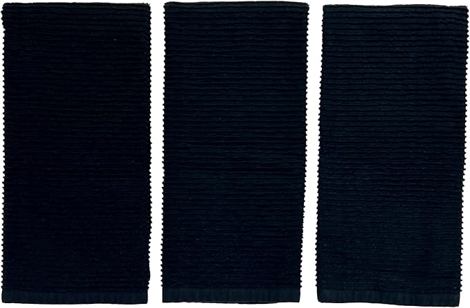 Black Kitchen Hand Dish Towels, Set of 3, 100% Cotton, 18" x 28" | Terry Loop Ribbed Textured, Soft & Absorbent Cleaning Cloth, Quick Dry, Multipurpose for Everyday Use