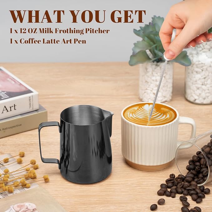 Amrules Milk Frothing Pitcher 12oz Frother Cup Barista Tools, Bright Black | 18/8 Stainless Steel, 12oz Capacity with Clear Scale, with Decorating Pen, Ergonomic Handle, for Cappuccino, Latte & Espresso