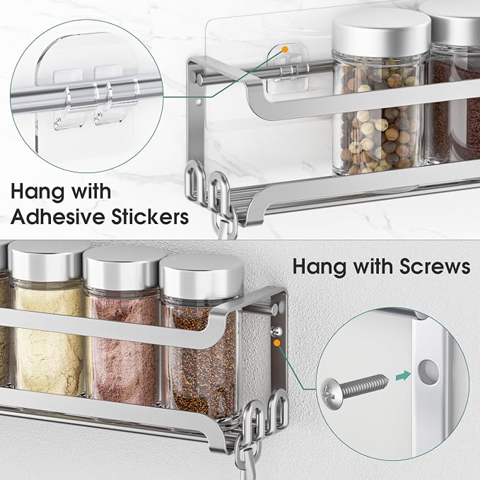 LUCYCAZ 4 Pack Wall Mounted Spice Rack for Kitchen Cabinet,RV,Camper,Sliver | 16 Metal Hooks, Space-Saving,Screw or Adhesive Spice Shelf Hanging,for Pantry Door Spice Jars & Seasonings,11.41×2.75×2.36in