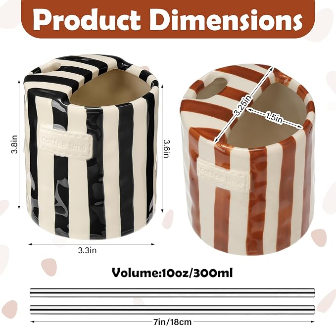 2 Pack Ceramic Mug with Sip Hole, Simple, Brown, Black | 10oz Ceramic Coffee Cup with Straws, Retro Hand Painted Striped, for Iced Coffee Tea Latte Espresso, Kitchen Dining Travel