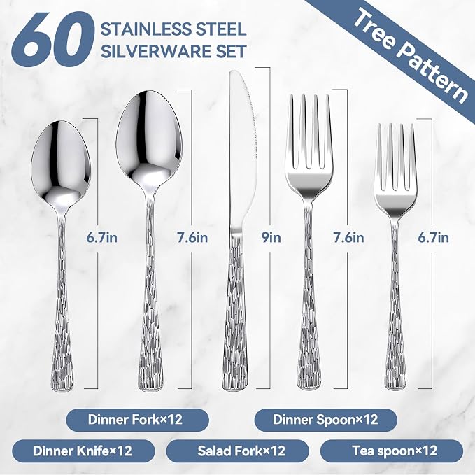 Yoehka 60Piece Hammered Silverware Set,Stainless Steel Flatware Set for 12 | Tree Pattern Handles, Mirror Polished Cutlery Set, Include Spoons/Forks/Knives, For Home, Restaurant, Hotel, Dishwasher Safe