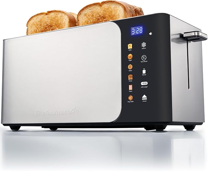 Elite Gourmet ECT5924D SmartToast Digital 4-Slice Toaster, 1370W, Steel | Touch Screen, 6 Shades & 6 Bread Types, Extra-Wide 1.5" Slots Fit Bagels & Texas Toast, Defrost & Reheat - Even Heat