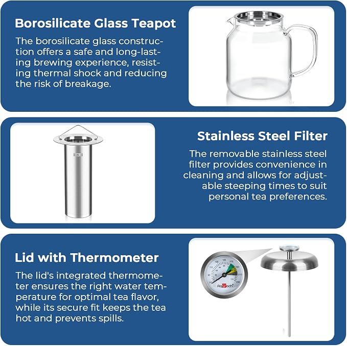 Aquach 68oz Glass Teapot with Thermometer, Stovetop Safe Tea Pot | Dishwasher Safe, Borosilicate Glass, Family Capacity, Precise Loose Leaf Filter, Easy-clean