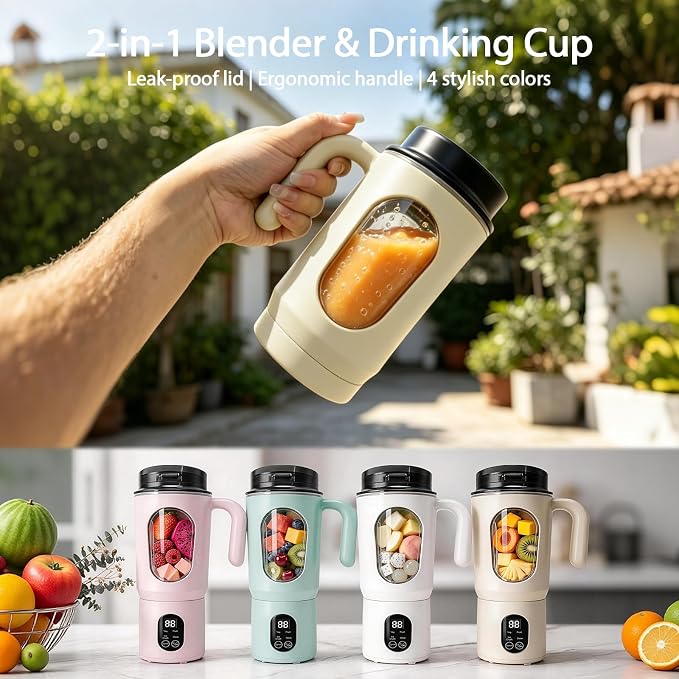 Personal Blender for Smoothies, 580ML USB-C Rechargeable | Portable Blender Cup, 12-Blade Smoothie Maker with Travel Lid, Handle & LED Display for Gym, Office, Travel and Outdoor