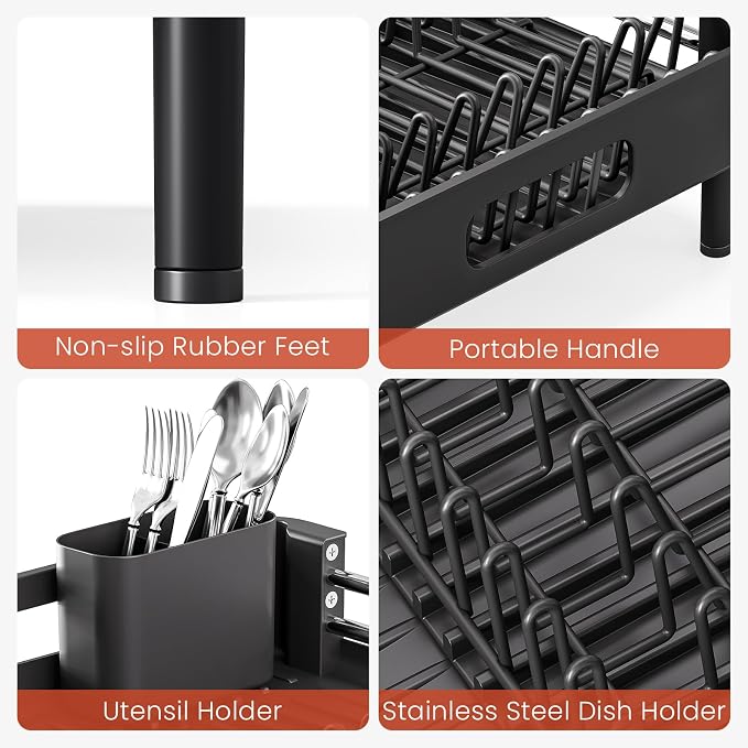 TOOLF Expandable Dish Drying Rack with Cutlery Holder, Standard, Black | Stainless Steel &PP, Extenable 12.6"-18.7"D, Anti-Rust, Auto-Drainage, Space-Saving, Fit for RV, Apartment Sink Countertop