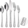 Floral Silverware Set 6 Silvery Flatware Stainless Steel with Delicate Engraved Rose Flower Embossed Design Complete 30 Piece Cutlery for Restaurant Utensils Home Kitchen Daily Use
