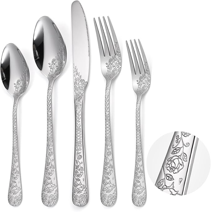 Floral Silverware Set 6 Silvery Flatware Stainless Steel with Delicate Engraved Rose Flower Embossed Design Complete 30 Piece Cutlery for Restaurant Utensils Home Kitchen Daily Use