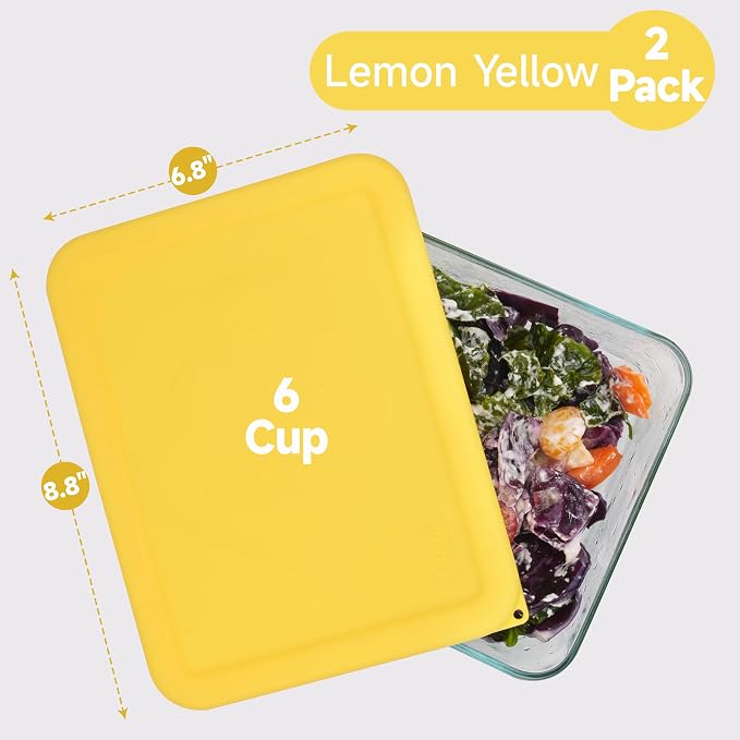 LUVCOSY 6 Cup Rectangle Silicone Storage Cover Lids Replacement for Pyrex 7211-PC Glass Bowls, (Container not Included) 2 Pack, Microwave, Dishwasher and Freezer Safe