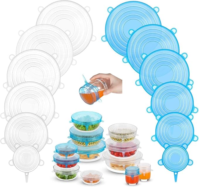 Silicone Stretch Lids, 12PCS Zero Waste Reusable Container Covers | For Leftover Food Fruit Bowls Pots Cups Jars Dishes | Dishwasher Safe | Blue & White