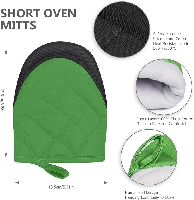 Goldmeet Mini Oven Mitts 2-Pack, 7"x5.5", 500°F Silicone Grip, Dark Green | Non-Slip, Heat Resistant, Machine Washable, Hanging Loop, Fits Small Hands, for Baking Grilling BBQ Cooking