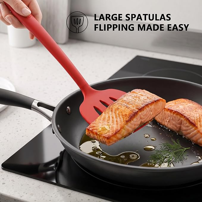 Coukre 3 Pack Silicone Spatula Set, Heat Resistant to 500°F, BPA-Free | Fish Spatula, Solid & Slotted Turners, Dishwasher Safe, Spatula Set for Eggs, Pancakes, Fish & Burgers, PureRed