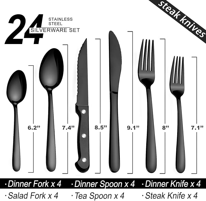 Pleafind 24Pcs Black Silverware Sets for 4 - Dishwasher Safe, Flatware Set with Steak Knives, Stainless Steel Cutlery Set, Include Forks Spoons and Knives Set, Utensil Sets for Home Restaurant
