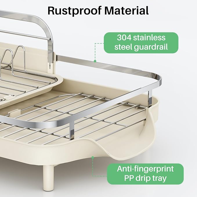 SAYZH Expandable Dish Drying Rack for Small Kitchen Counter, Beige | Stainless Steel, Protective Guardrail, Angled Drainboard, Fits High-Rim Sinks, Removable Utensil Holder