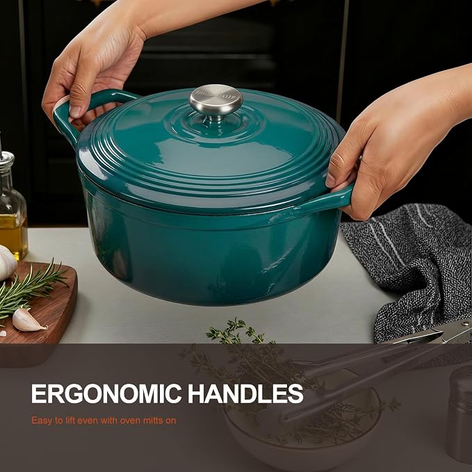 Overmont Enameled Cast Iron Dutch Oven - 5.5QT Pot with Lid Cookbook & Cotton Potholders - Heavy-Duty Cookware for Braising, Stews, Roasting, Sourdough Baking Bottle green