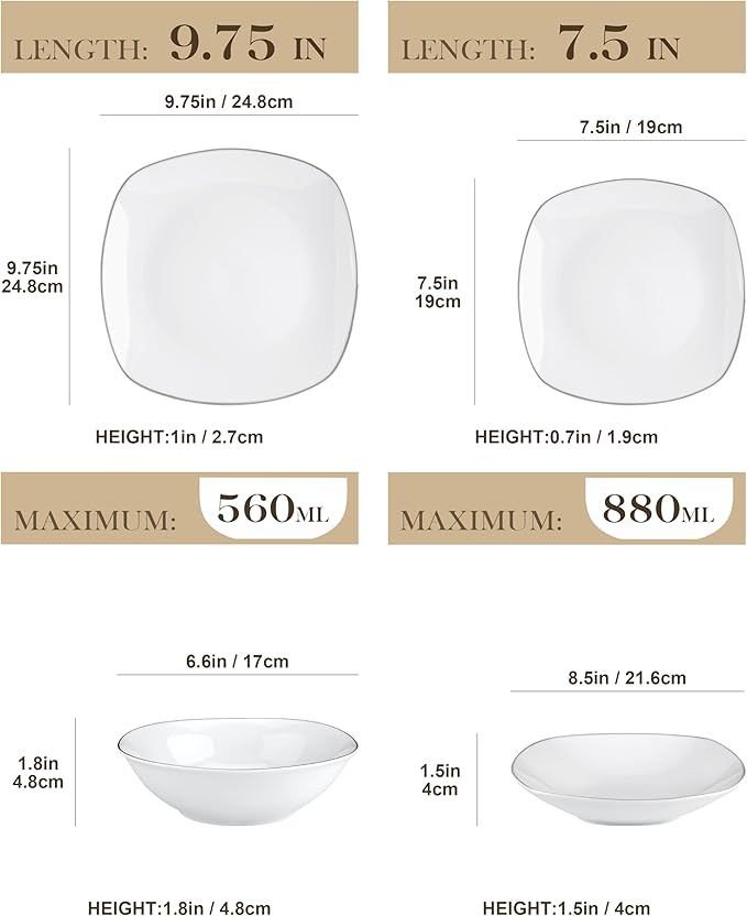 MALACASA Dinnerware Sets, 24 Piece Porcelain Square Dishes, White with Silver Rim Plates and Bowls Sets, Ceramic Dish Set for 6, Chip Resistant Dishware Sets, Series ELISA | White Ceramic Plates and Bowls Sets for Serving, Chip Resistant, Microwave & D...