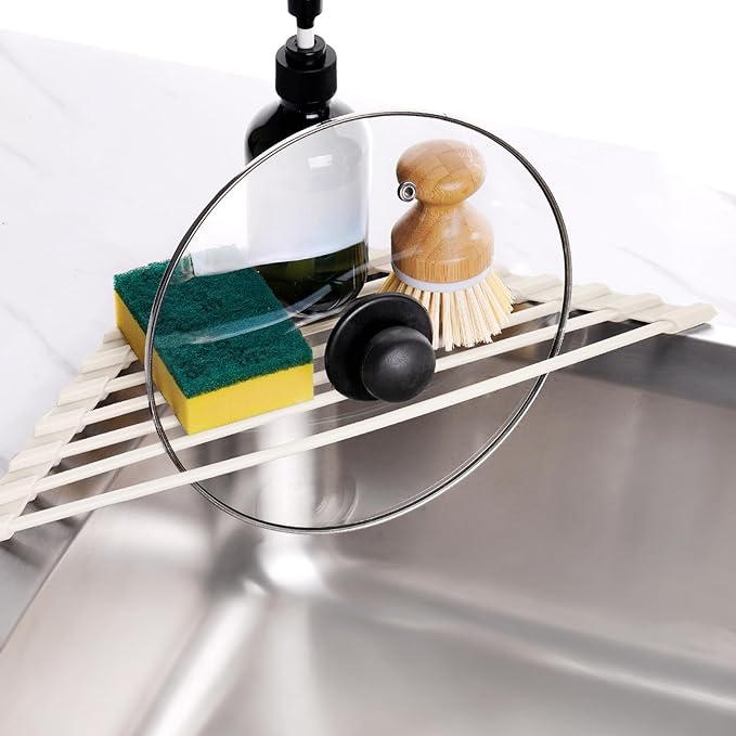 Tomorotec Triangle Roll Up Dish Drying Rack with Silicone Coating, White | 304 Stainless Steel with BPA-Free Silicone, Triangle Design Maximizes Sink Corner Space, Fits Compact Kitchens And RVs