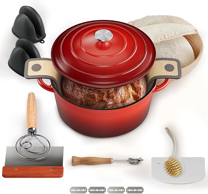 5QT Dutch Oven for Sourdough Bread Baking, Red Cast Iron Bread Pan with Lid | Advanced Multi-Functional Dutch Oven With Banneton Bread Proofing Basket & Baking Supplies, Cast Iron Bread Pan With Lid