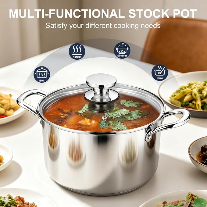 P&P CHEF 6 Quart Tri-Ply Stainless Steel Stock Pot, Cooking Pot with Lid | 6 Qt Stockpot for Soup Pasta Vegetable, Induction Cookware for All Stoves, Sturdy & Double Handle, Oven & Dishwasher Safe