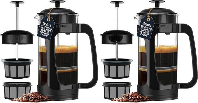 ESPRO Light P3 French Press Coffee Maker – Patented Double Micro-Filter for Grit-Free Brew, Heat Resistant thicker Borosilicate Glass Coffee press – (Black, 32 oz) (Pack of 2)