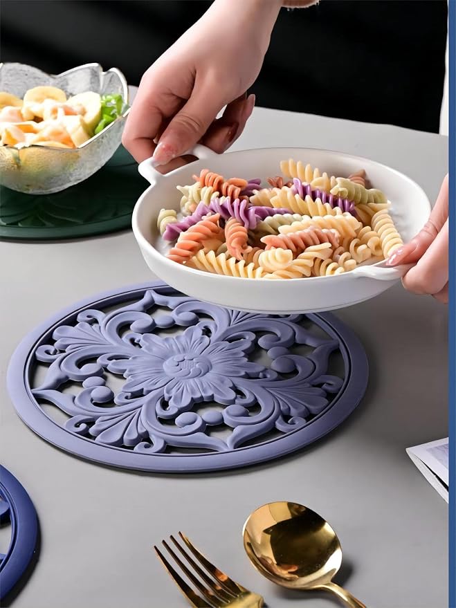 Silicone Trivets - Silicon Mats for Hot Pots and Pans, Multi-Use Carved Hot Pads, Flexible Modern Kitchen Table Mat, Heat Resistant Round Teapot Coaster Set of 3 Blue
