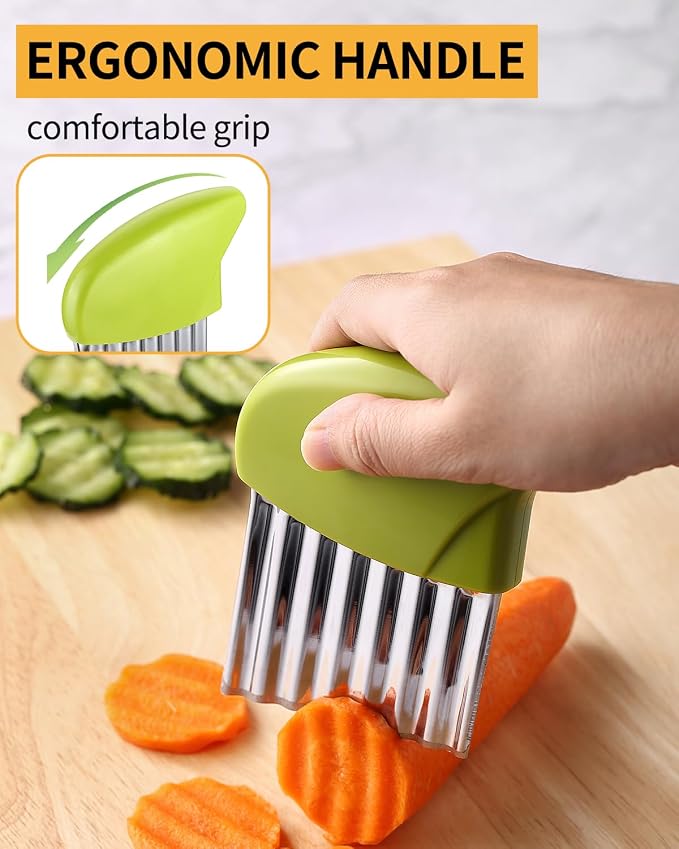 Crinkle Cutter Stainless Steel Potato Slicer Heavy Duty Wavy Crinkle Cutting Chopping Tools with Wooden Handle for Carrot Veggies (2, Green)