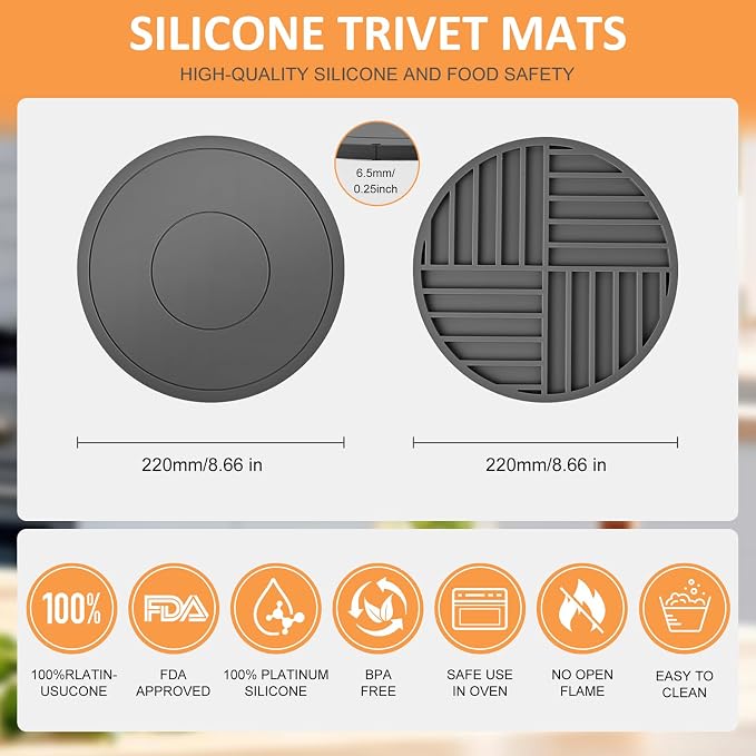 Silicone Trivet Mats 3 Pack Heat Resistant Pot Holders, Multipurpose Non-Slip Hot Pads for Kitchen Potholders, Hot Dishers, Jar Opener, Spoon Holder (Gray)