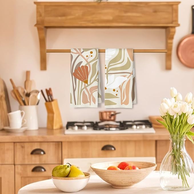 Abstract Boho Beige and White Floral Kitchen Towels Set of 2, 70s Retro Groovy Botanical Dish Tea Towels for Kitchen Decor, Mid Century Modern Hand Towels for Bathroom Decor, 16x24 Inch