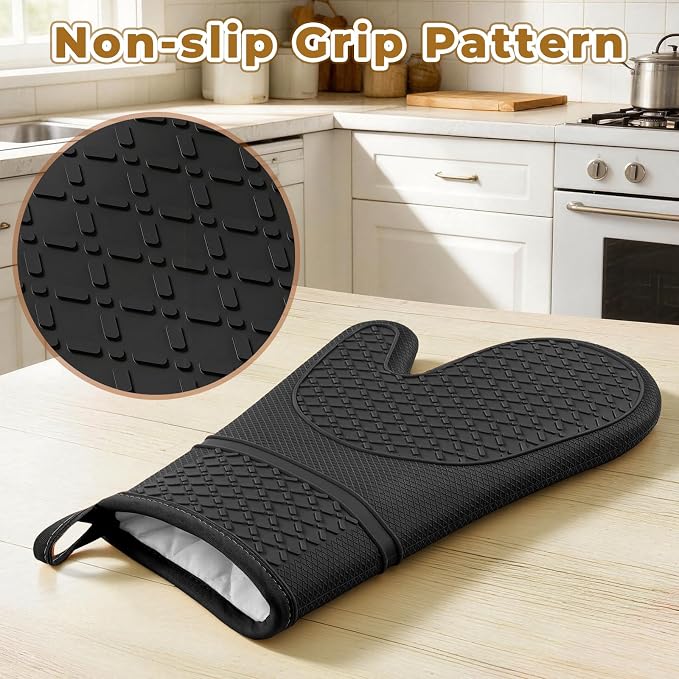 Heat Resistant Silicone Oven Mitts, Up to 500°F Protection for Baking & Grilling, 1 Pair (Black, Standard Thickness)