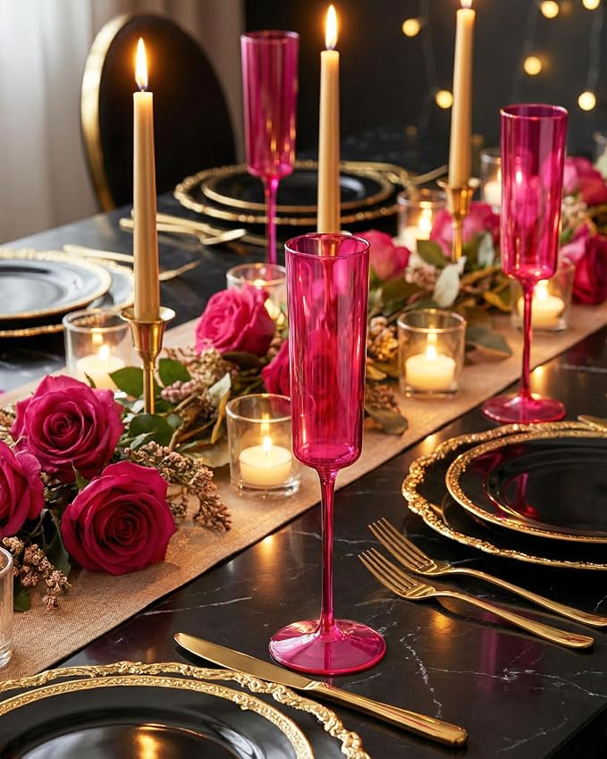 Ciaell 24 Pack Hot Pink Plastic Champagne Flutes for Weddings Birthdays | 6 oz Hot Pink Square Toasting Cups, Heavy Duty Plastic, Champagne Wine Cocktails Mimosas for Anniversaries Parties Bars