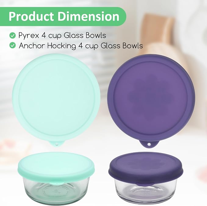 4 Cup Round Silicone Storage Cover Lids Replacement for Anchor Hocking and Pyrex 7201-PC Glass Bowls (Container not Included) (Deep Blue & Light Green) 2 Pack