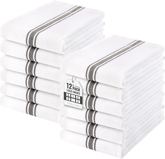 Homaxy 100% Ring Spun Cotton Kitchen Towels 12 Pack, Black Stripe | 15 x 25 Inch, Highly Absorbent Dish Towels for Kitchen Drying, Reusable Cleaning Cloths, Soft Tea Towels with Hanging Loop
