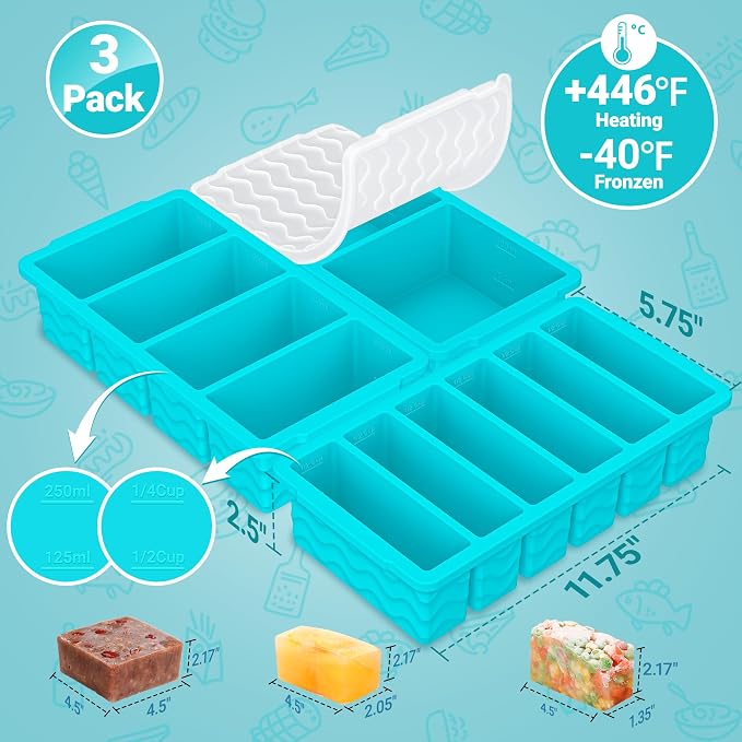 3-Pack Silicone Freezer Trays with Lid, Soup Freezer Container Molds | 2 Large 2-Cup, 4 Medium 1-Cup, 6 Small 1/2-Cup, BPA Free, Ice Cube Tray for Soup, Stews, Sauces, Meal Prep, Broth, Leftovers