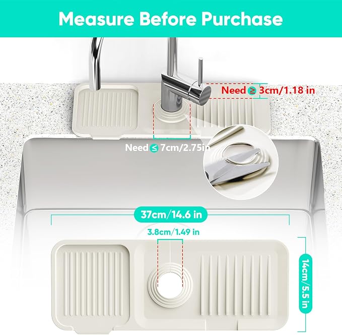 14.6 inch Faucet Mat for Kitchen Sink [5°Slope Fast Self-draining] Faucet Mat Kitchen Sink Splash Guard Silicone Sink Splash Guard Kitchen Sink Area Tidy Splash Faucet Guard Draining Mat-Beige
