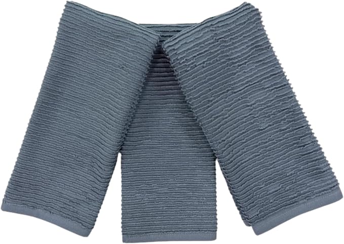 Slate Blue Gray Kitchen Hand Dish Towels, Set of 3, 100% Cotton, 18" x 28" | Terry Loop Ribbed Textured, Soft & Absorbent Cleaning Cloth, Quick Dry, Multipurpose for Everyday Use