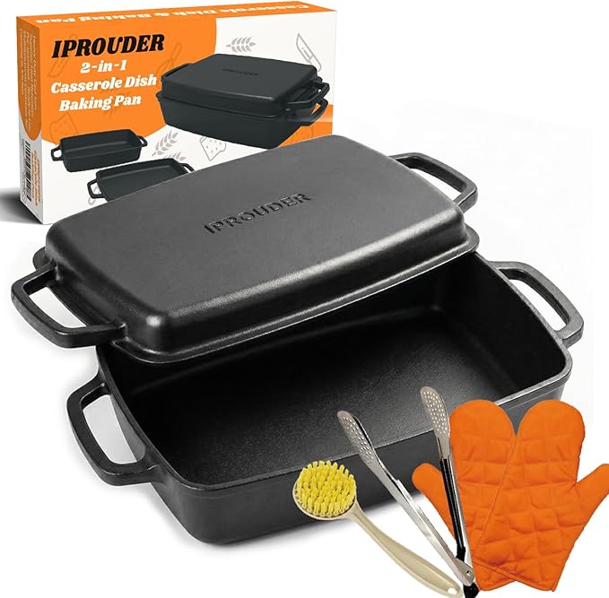 2-in-1 Pre-Seasoned Cast Iron Casserole Dish with Lid, Rectangular Dutch Oven, Cast Iron Roasting Pan&Baking Dish for Lasagna, Sourdough Bread, 13"x9"