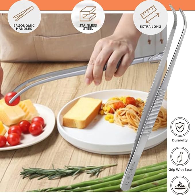 Professional Culinary Stainless Steel Precision Tongs with Serrated Tips, Plating/Food Presentation Detailing Serving Tongs, Chef's Kitchen Tweezer Tongs - Ultra Non-Slip Grip (8 Inch Curved)
