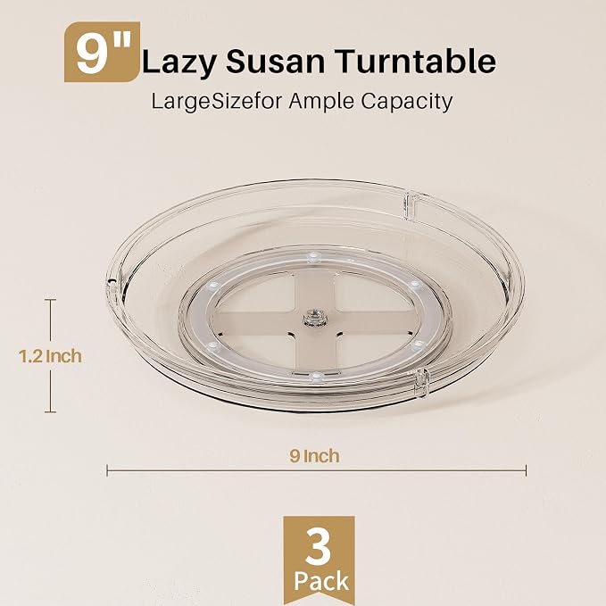 LAMU 3 Pack 9'' Lazy Susan Organizer Turntable for Cabinet, Pantry Organizers and Storage, Rotating Condiment Organizer for Kitchen, Table Top, Fridge, Countertop, Spice Organization
