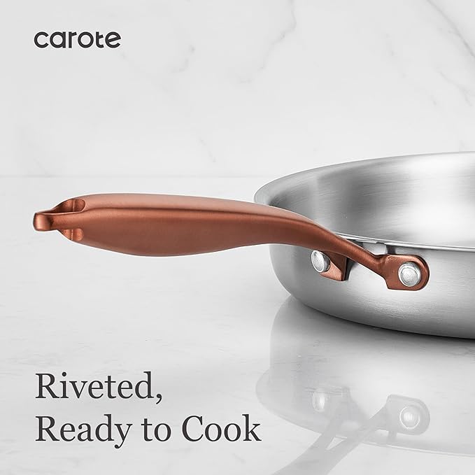 CAROTE 7-Piece Tri-Ply Stainless Steel Frying Pan Set, Skillet Set 8"/10"/12", Induction Compatible, Oven & Dishwasher Safe, Gold Handle