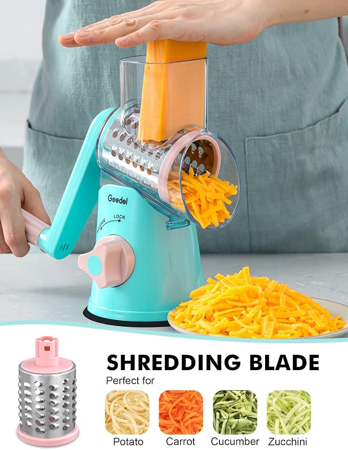 Geedel Rotary Cheese Grater, Kitchen Mandoline Vegetable Slicer with 3 Interchangeable Blades, Easy to Clean Rotary Grater Slicer for Fruit, Vegetables, Nuts | 3 Blades, 430 Stainless Steel, 12x Fast Cutting, Strong Suction Base, No BPA, Dishwasher Saf...