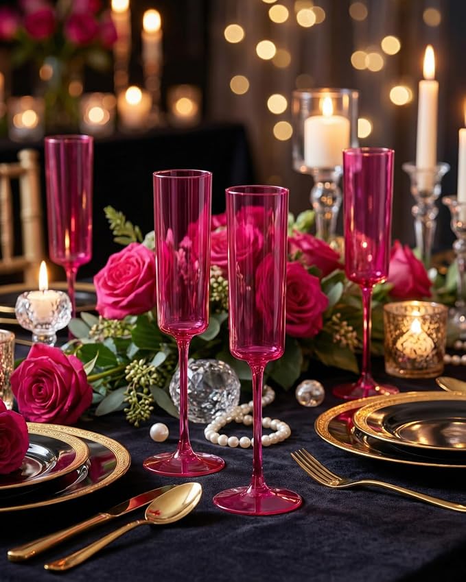 Ciaell 24 Pack Hot Pink Plastic Champagne Flutes for Weddings Birthdays | 6 oz Hot Pink Square Toasting Cups, Heavy Duty Plastic, Champagne Wine Cocktails Mimosas for Anniversaries Parties Bars
